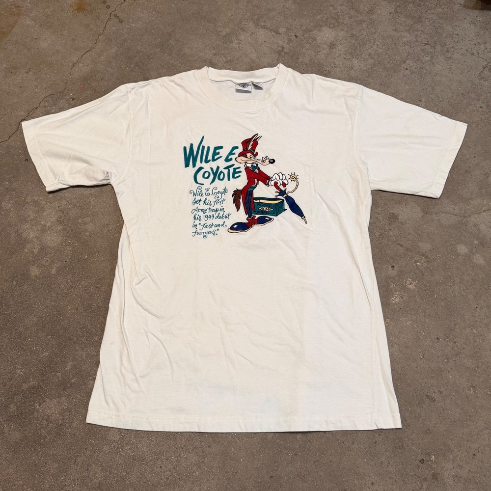 Vintage 1992 Acme Clothing Co T-Shirt Mens XL Cream Wile E Coyote Looney Tunes